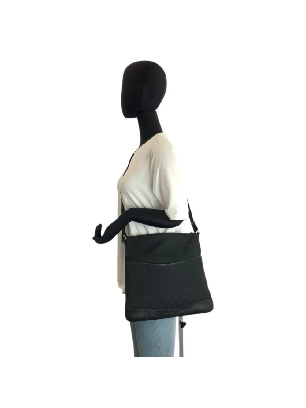 Gucci Black Silver GG Canvas Leather Shoulder Bag